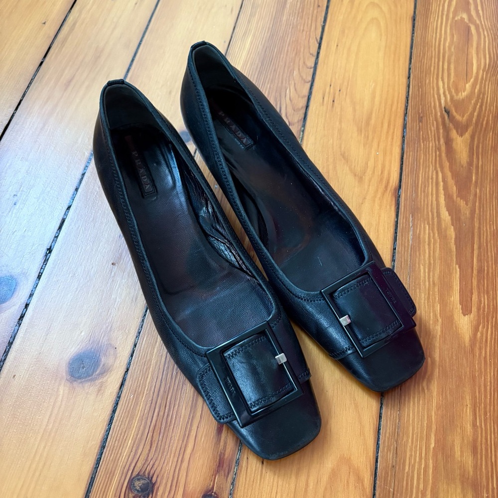Black Leather Prada Kitten Heels with Buckle